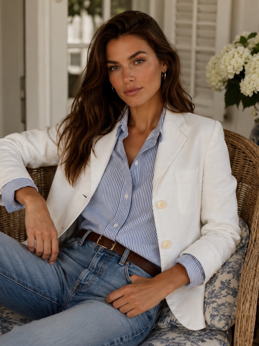 Chaps Ralph Lauren 100% Linen Ivory Blazer Jacket Preppy Size 8 Coastal